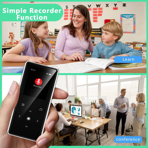 Close-up of 64GB MP3 Player With Bluetooth 5.2 And Built In HD Speaker, FM Radio, Voice Recorder, HiFi Sound, held in a hand.