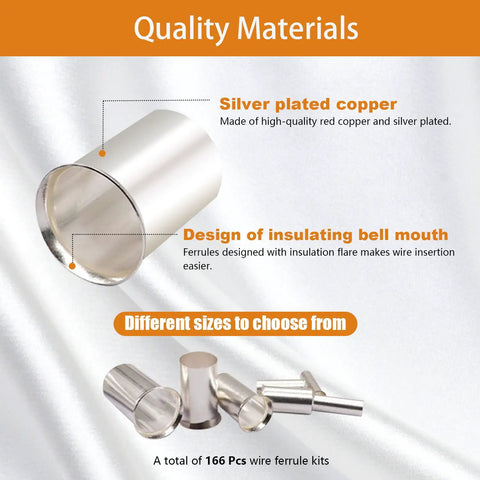 Top Notch 170 Piece Silver Plated Copper Wire Ferrules Kit With 8 AWG Sizes For Crimping Terminals, 166 pcs shown