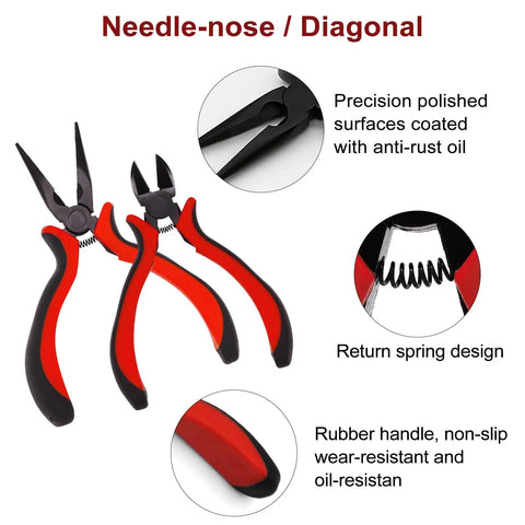Needle-nose and diagonal pliers with rubber handles, part of Must Have 19 Piece RC Car Tool Kit with Hex Screwdrivers Nut Drivers.