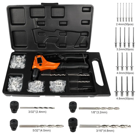 4 In 1 Beefy Rivet Gun Kit For Metal With 200 Blind Rivets One Hand Pop Riveter Set in carrying case with drill bits and heads