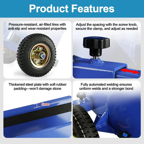 Two Wheel Panel Handling Cart For Drywall And Sheet Material, Heavy Duty Dolly With Soft Rubber Padding, Edge Guarding, Smooth Maneuverability, Low Profile Frame, Pro Contractor Ready, blue frame with 5mm steel plate and air tire
