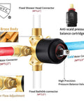 Detailed view of anti-scald pressure balance valve from Single-Handle Tub And Shower Faucet Set With Valve, matte black finish.