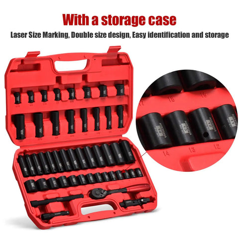 3/8 Inch Drive Impact Socket Set, 49 Piece 6 Point SAE and Metric, Chrome Vanadium Heat Treated Sockets With Adapters And Ratchet Handle