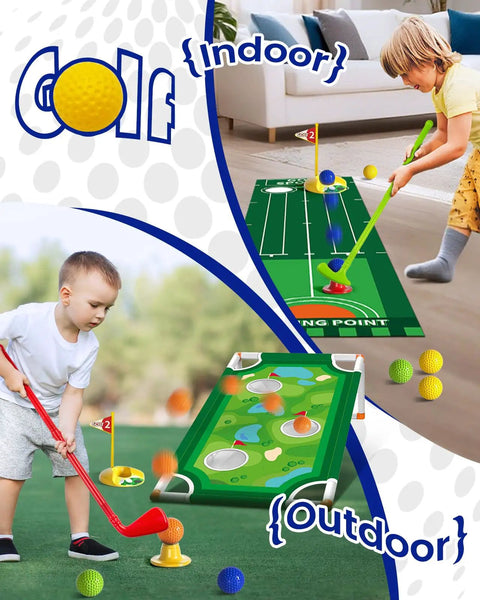 Toddler Golf Set With Putting Mat And Cornhole Board For Kids Aged 3 To 5 Includes 4 Lightweight Clubs 10 Balls 2 Holes And Portable Cart