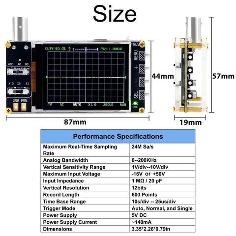 Dimensions and detailed view of the Pocket Sized Handheld Oscilloscope Kit With 2.4 Inch Color Screen And 1MSaS Real Time Sampling