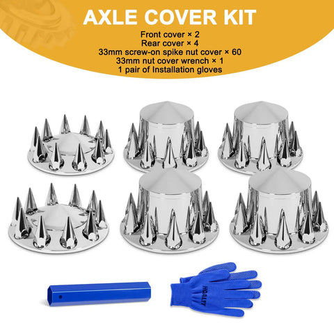 Chrome 33mm Pointed Axle Cover Kit For Semi Trucks With Screw On Lug Nut Covers 2 Front And 4 Rear Wheel Hub Caps Includes Installation Tool Durable ABS Rust Resistant Heavy Duty Truck Accessory displayed with gloves and wrench.