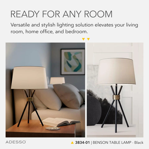 Benson Tripod Floor Lamp, 60 Inch Tall, Black With Antique Brass Accent, Drum Linen Shade, in modern living room.