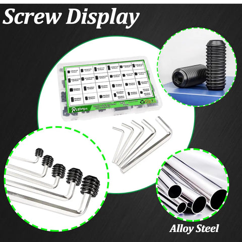 Beefy 535 Piece Set Screw Kit With Metric And SAE Sizes, Cup-Point Internal Hex Drive Grub Screws, 12.9 Grade Alloy Steel