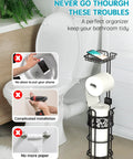 Free Standing Toilet Paper Holder With Shelf In Black Finish Floral Pattern Holds Three Jumbo Mega Rolls On Storage Arm And One On The Dispenser