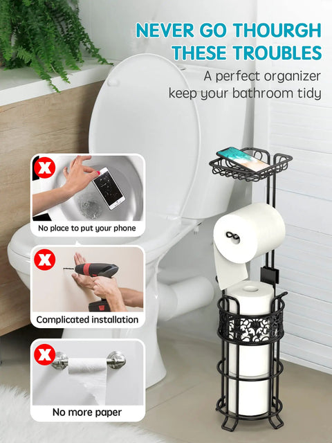 Free Standing Toilet Paper Holder With Shelf In Black Finish Floral Pattern Holds Three Jumbo Mega Rolls On Storage Arm And One On The Dispenser