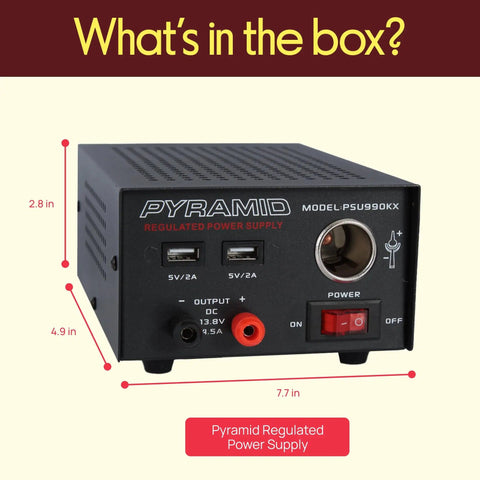 Front view of Beefy 7 Amp Benchtop Power Supply For Home Lab with USB and cigarette lighter ports, measurements labeled.