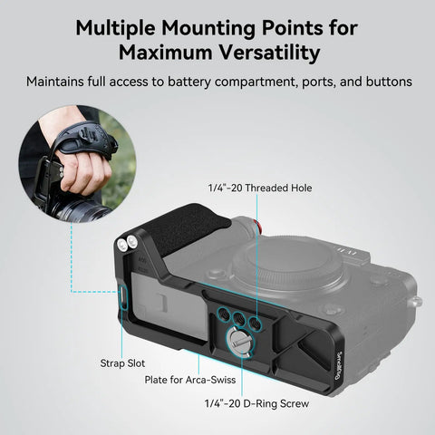 X T5 L Shape Grip With Built In Arca Quick Release Plate For Fujifilm X T5 Camera, black silicone ergonomic grip, threaded holes