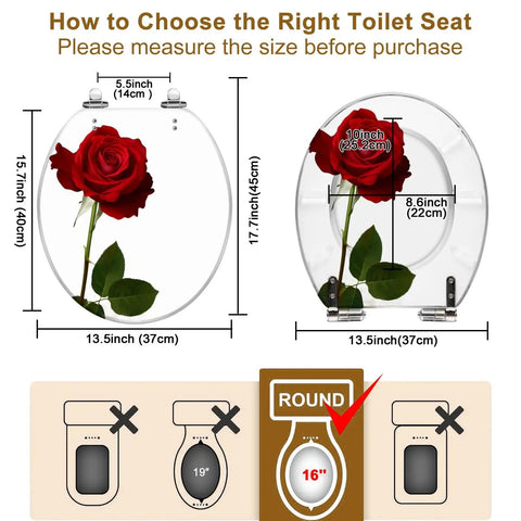 Round Toilet Seat Decor for Home Bathroom with rose design, size 14.5" x 16.5", measuring guide included.