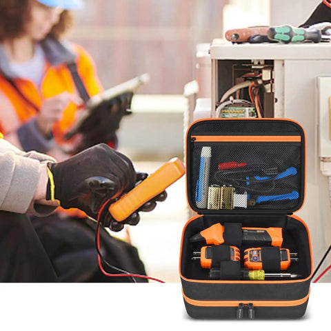 Tough Travel Tool Case Bag For ET310 Breaker Finder And RT250 GFCI Tester Two Layer Pro Grade Organizer with tools displayed
