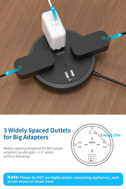 Overhead view of 10 Foot Flat Plug Extension Cord With USB Port, showing three widely spaced outlets used for large adapters.