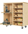 Top Tier Storage Cabinet For Makerspaces And Classrooms 50X24X53 Light Wood Finish With Chemical Resistant Top And Five Compartments for organizing robotics kits.