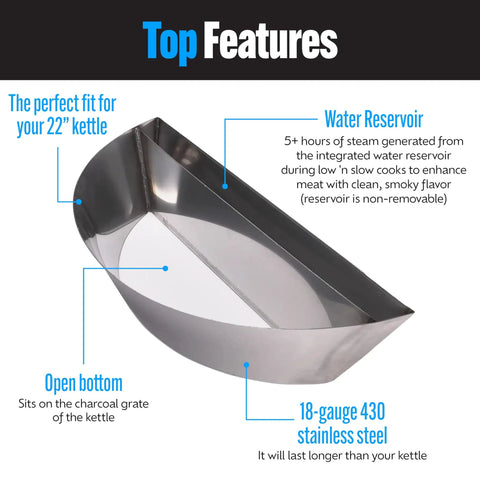 Slow N Sear Original Charcoal Basket For Weber 22 Inch Kettle Two Zone Smoker Attachment, stainless steel with water reservoir