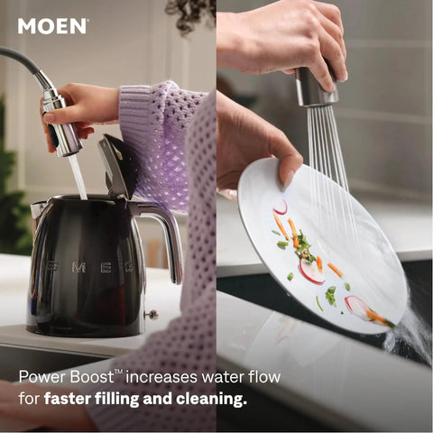 Moen Jaslynn Pulldown Kitchen Faucet, Chrome, 87618 spraying water over a plate in a kitchen setting.