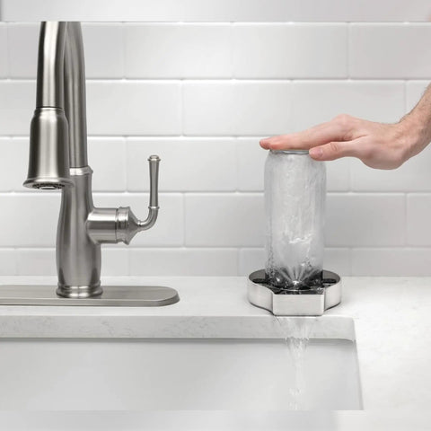 Straight Fire Stainless Steel Glass Rinser Built To Slide Right Into Your Kitchen Sink Dispenser Opening, rinsing a glass.