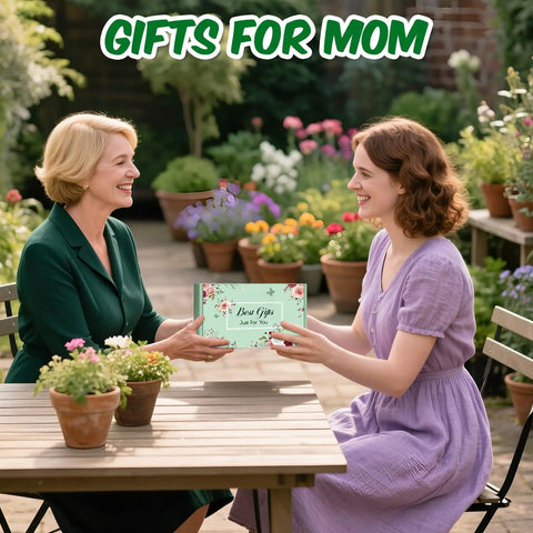 Two women exchanging All In One Garden Gift Set For Women Pink Edition With Hand Fork Trowel Gloves Apron And Tools Kit Gift Box Included Perfect Birthday Present For Mom Grandma Wife Garden Lovers outdoors.