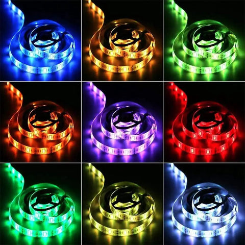 Rechargeable Battery Powered LED Strip Lights 30Ft RGB 5050 With Remote Control, multicolor lighting modes on display