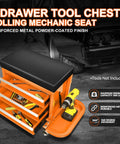 Heavy Duty 3 Drawer Tool Chest With Rolling Mechanic Seat And Built In Tool Trays 350 Lbs Weight Capacity Orange Finish Durable Shop Organizer For Garage And Technicians