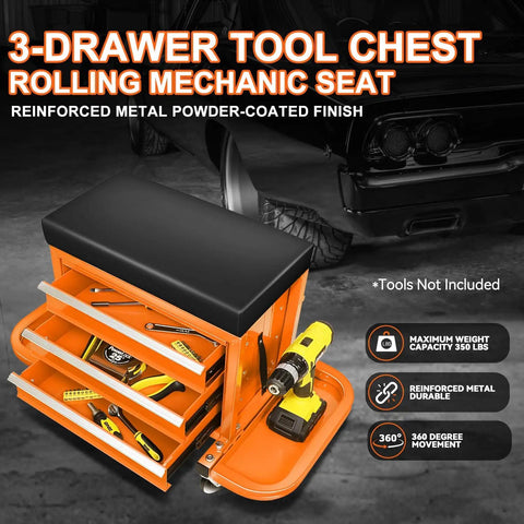 Heavy Duty 3 Drawer Tool Chest With Rolling Mechanic Seat And Built In Tool Trays 350 Lbs Weight Capacity Orange Finish Durable Shop Organizer For Garage And Technicians