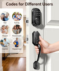 Slick Matte Black Smart Door Lock Featuring Super Quick Keyless Entry And Tight Bluetooth Handle, showing code options for various users.