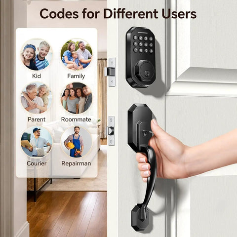 Slick Matte Black Smart Door Lock Featuring Super Quick Keyless Entry And Tight Bluetooth Handle, showing code options for various users.