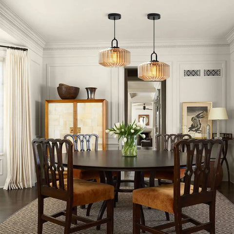 Dining room with Amber Hand Blown Glass Globe Pendant Light In Black Finish Go To Modern Mid Century Style Ceiling Hanging Fixture