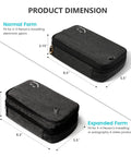Cord Organizer Case For Cables And Chargers, showing normal and expanded forms with dimensions, black travel tech bag.