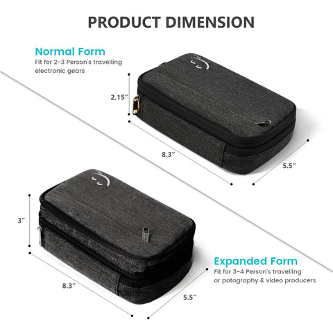 Cord Organizer Case For Cables And Chargers, showing normal and expanded forms with dimensions, black travel tech bag.