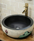 Retro Chinese Ceramic Bathroom Sink And Above Counter Wash Basin With Faucet Mirror Cabinet Four Piece Vanity Set Lotus Design close-up of artistic black basin with floral detail