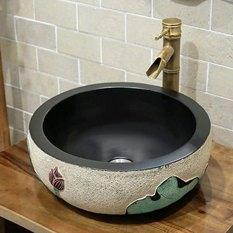 Retro Chinese Ceramic Bathroom Sink And Above Counter Wash Basin With Faucet Mirror Cabinet Four Piece Vanity Set Lotus Design close-up of artistic black basin with floral detail