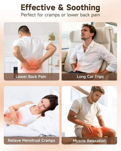 People using Wireless Heating Pad With Massager For Back Pain Relief Portable Wearable Heat Belt in various relaxation settings