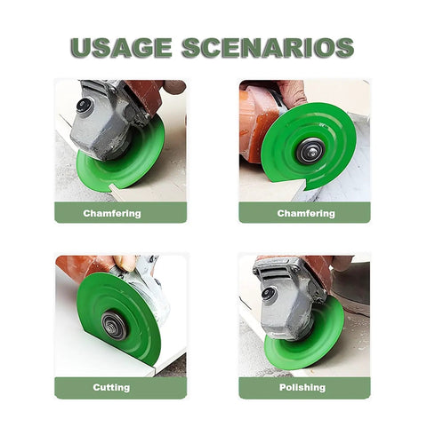 Four images showing uses of 5 Pack 4.5 Inch Diamond Cutting Discs For Angle Grinder Ultra Thin Chip Free Durable Tile Marble Glass Cutting
