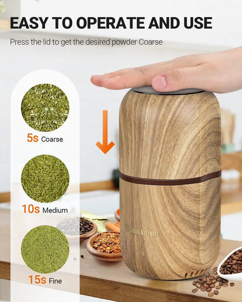 Electric Herb Grinder With Large Capacity And High Rotating Speed For Spices And Herbs Grind 120g In 5 To 10 Seconds One Hand Operation With Visual Lid For Coarse To Fine Grinding Wood Grain Finish Fast And Easy Kitchen Gadget in use