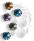 Reusable Aluminum Foil Lids For Nespresso VertuoLine Pods shown with colorful coffee capsules