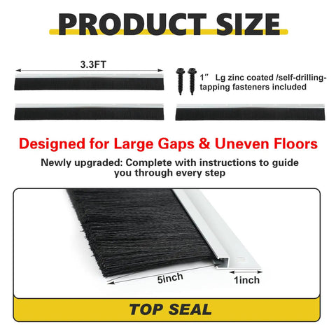 Heavy Duty Roll Up Garage Door Brush Seal 10 Foot Weather Stripping showing size dimensions of 3.3FT and 1" bristles.