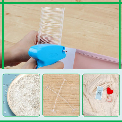 Bulk 5000 Pcs 2 Inch Tag Gun Fasteners Refills For Retail Tags Universal Fit For All Standard Tagging Guns Must Have For Clothing Stores And Boutiques Great For Online Listings, showing tag gun with fasteners and tagged clothing.
