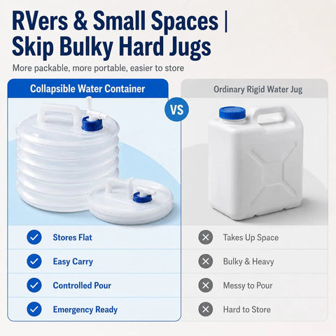 Collapsible Water Container With Spigot For Camping, RV, Hiking, Travel, And Emergency Prep beside rigid jug comparison chart
