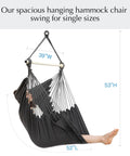 Hammock Chair Hanging Rope Swing For Indoor Outdoor Patio And Bedroom Night Gray Polycotton Blend Durable Soft Fabric With Brazilian Style Chill Vibe Easy Setup Lounging Seat For Cozy Relaxation showing dimensions and person lounging.