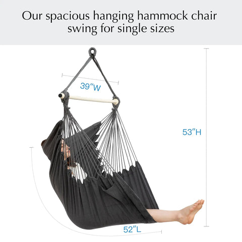 Hammock Chair Hanging Rope Swing For Indoor Outdoor Patio And Bedroom Night Gray Polycotton Blend Durable Soft Fabric With Brazilian Style Chill Vibe Easy Setup Lounging Seat For Cozy Relaxation showing dimensions and person lounging.