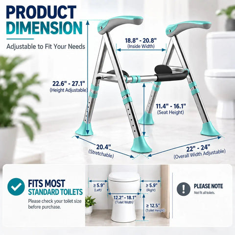 Super Sturdy Toilet Safety Rails For Seniors Heavy Duty Adjustable Bathroom Grab Bars With Non Slip Cyan Handle, dimensions shown.