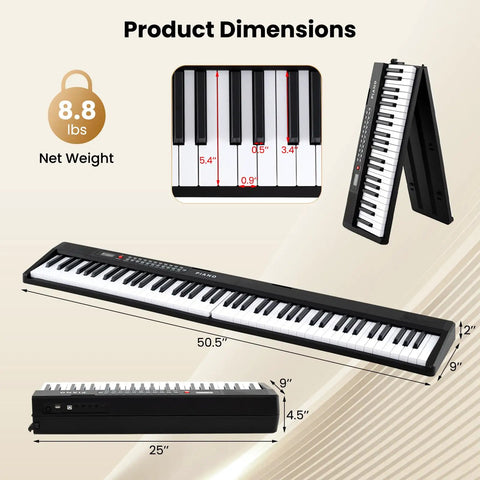 Diagram showing dimensions of 88 Key Folding Keyboard Piano With Full Size Semi Weighted Action Digital Piano Packed With 1000 Timbres And 1000 Rhythms MIDI USB Sustain Pedal Lights Microphone Portable Electric Piano For Beginners.