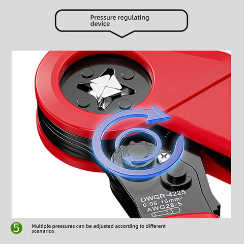 Pro Multifunctional Carbon Steel Crimping Pliers Ergonomic Hand Tool For Electricians And Automotive Technicians showing pressure regulating device.