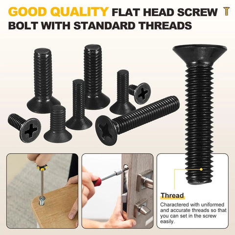 Rad M5 Thread 08 Carbon Steel Flat Head Machine Bolt Nut Assortment Set 200 Pieces, black countersunk screws for furniture assembly