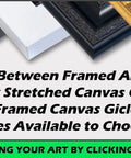 Choose between framed art prints and canvas giclees, displayed with options in black, white, gold frames.
