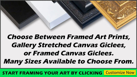 Choose between framed art prints and canvas giclees, displayed with options in black, white, gold frames.