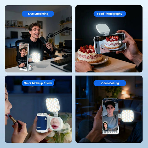 Magnetic iPhone Camera Grip With LED Fill Light And Mirror For iPhone 17 Pro, shown in live streaming, food photography, makeup check, video calling setups.